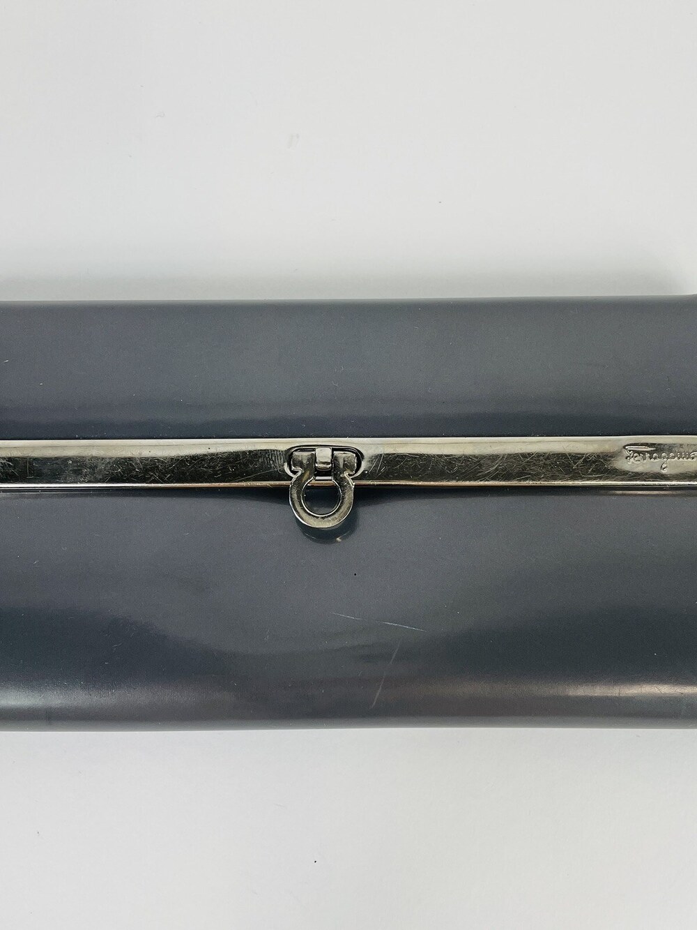 Vintage Salvatore Ferragamo Wallet Gancini Gray Patent Calf Leather Bifold